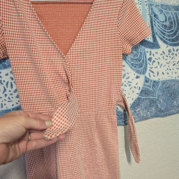 Gingham Wrap Romper in Coral Pink Xs Front Snap Side Tie Coquette Dainty Summer - Picture 3 of 11